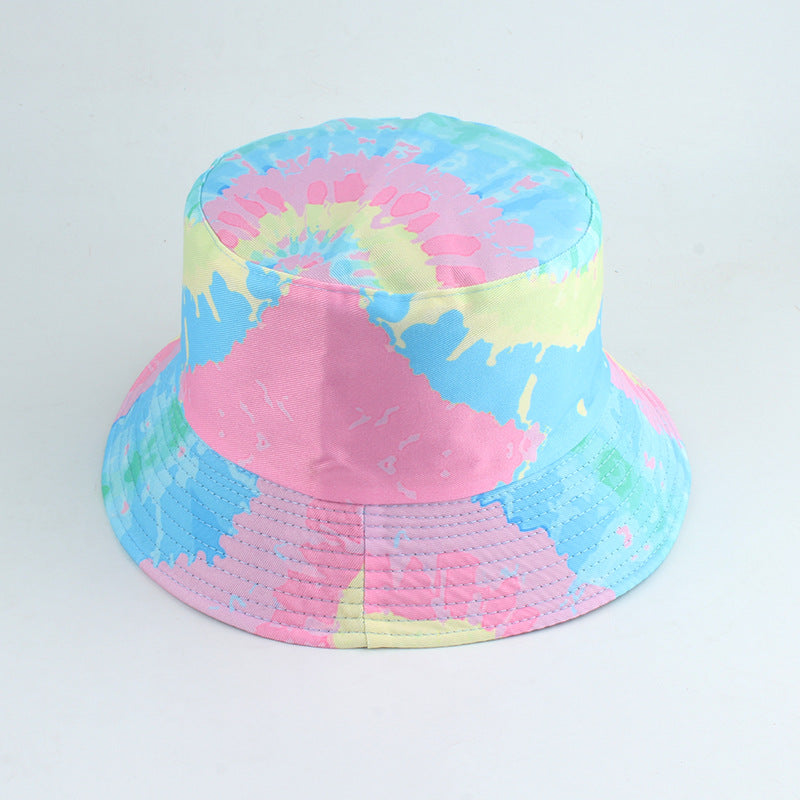Novo estilo impresso dupla face chapéu de pescador cor tie-dye hip-hop casual flat top chapéu de bacia
