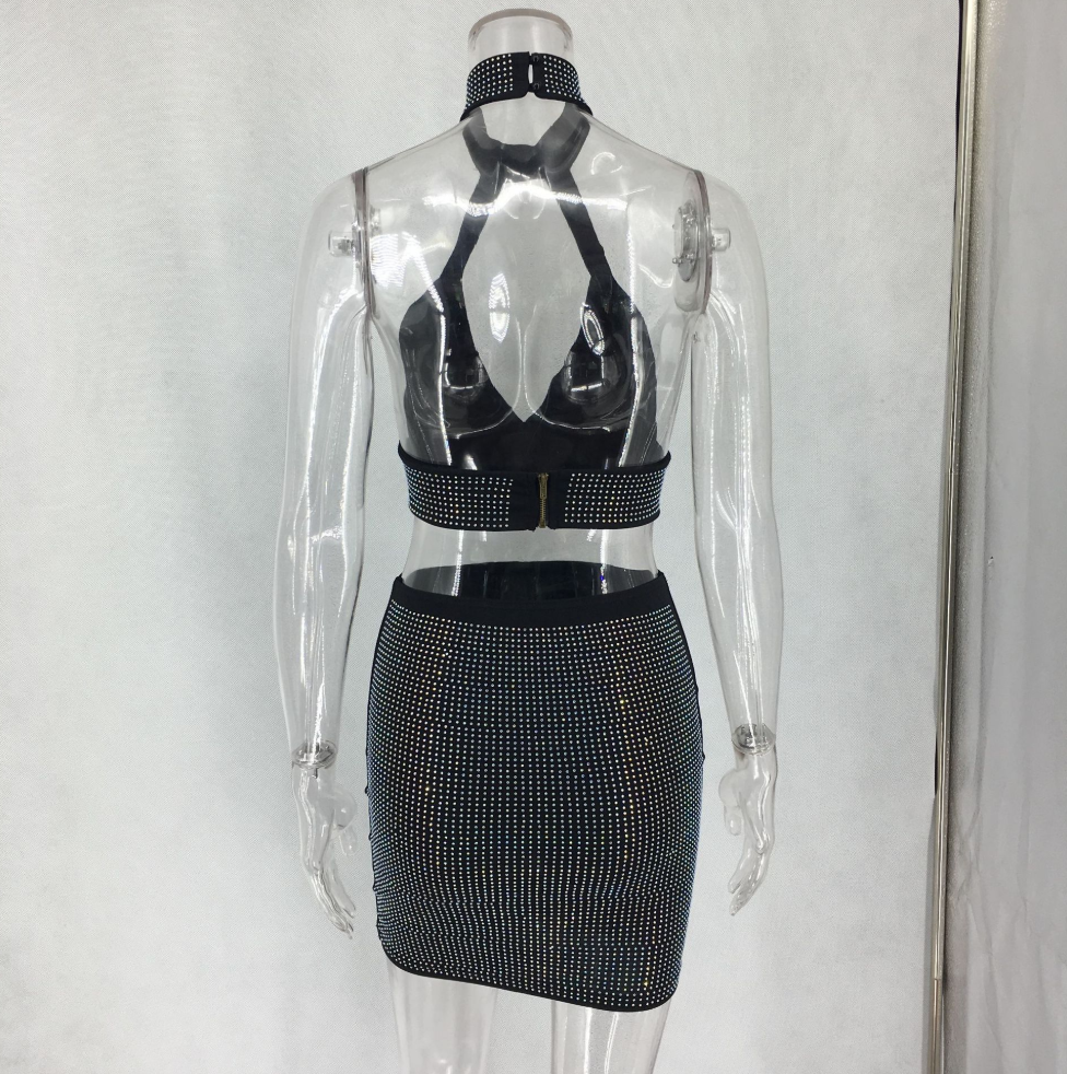 Vestido feminino diamantes conjunto de duas peças