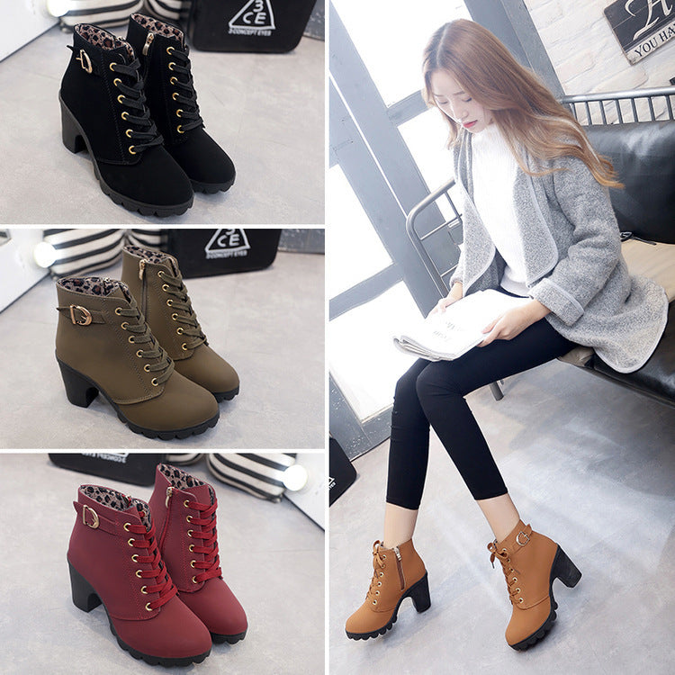 Novas botas femininas casuais de salto alto e salto grosso