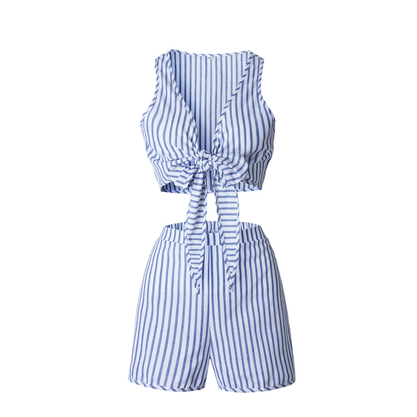 Conjunto listrado sem mangas com laço em V profundo