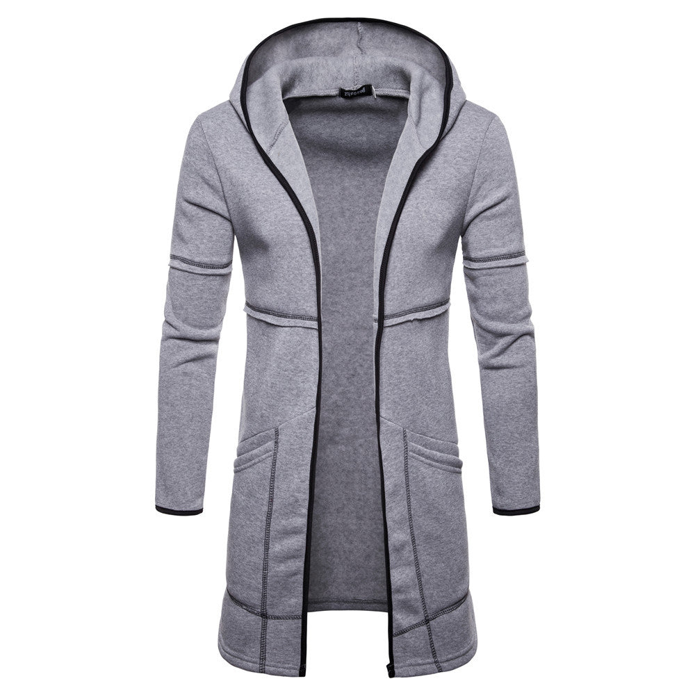 Cardigan masculino de manga comprida e comprimento médio com capuz, cor sólida, suéter masculino juvenil