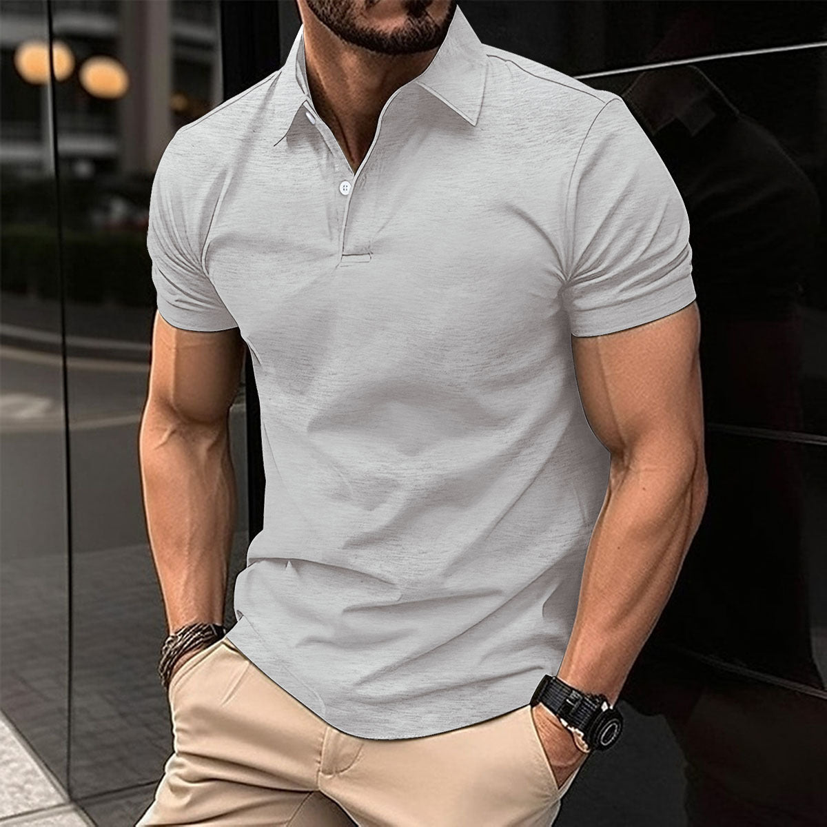 Camisa polo de manga curta de verão masculina cor sólida botão lapela botão top