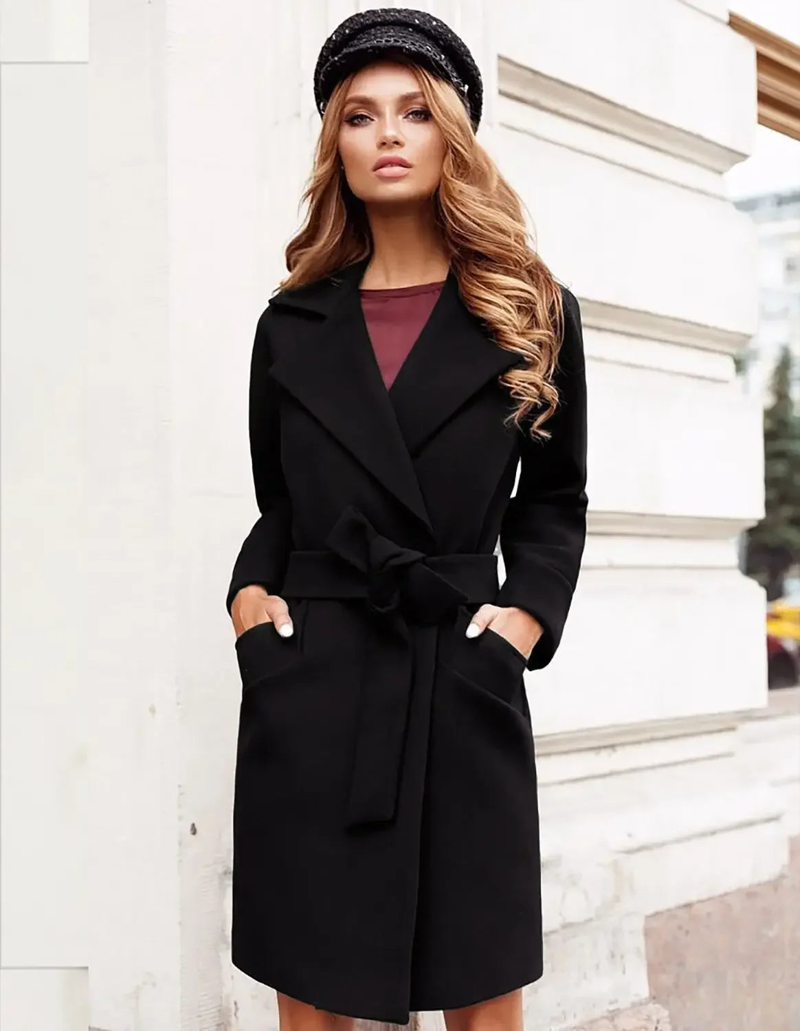 Women's S-2XL Size New Fashion Slim Fit Waist Belt Flip Collar Woolen Coat trench coat trench coat for women