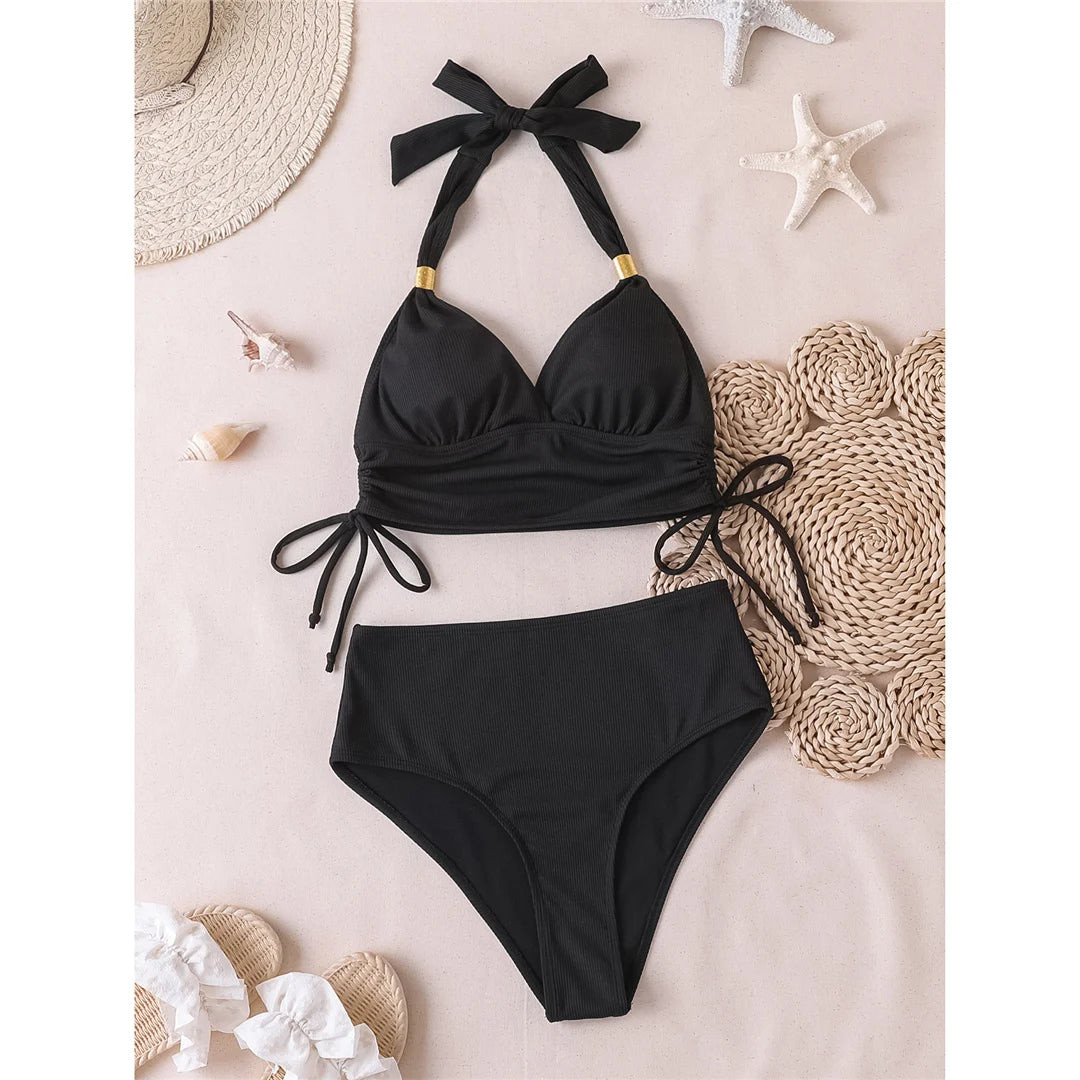 Ribbed Halter Mid-Waist Bikini | Women's Two-Piece Swimwear