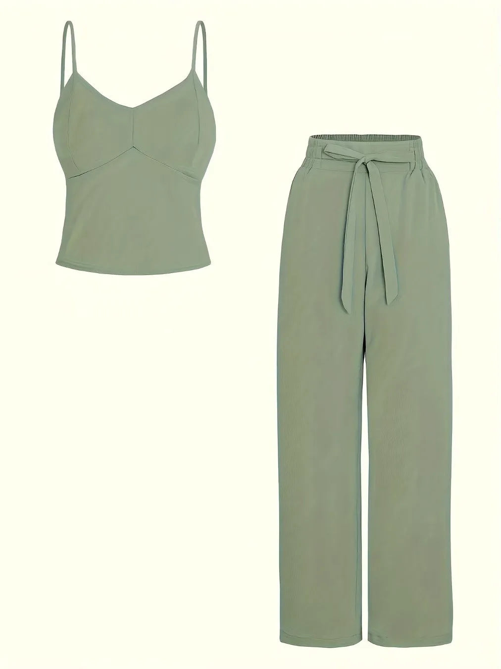 Elegant & trendy set: camisole top + elastic waist wide-leg pants. Comfortable, stylish, and perfect for any occasion.
