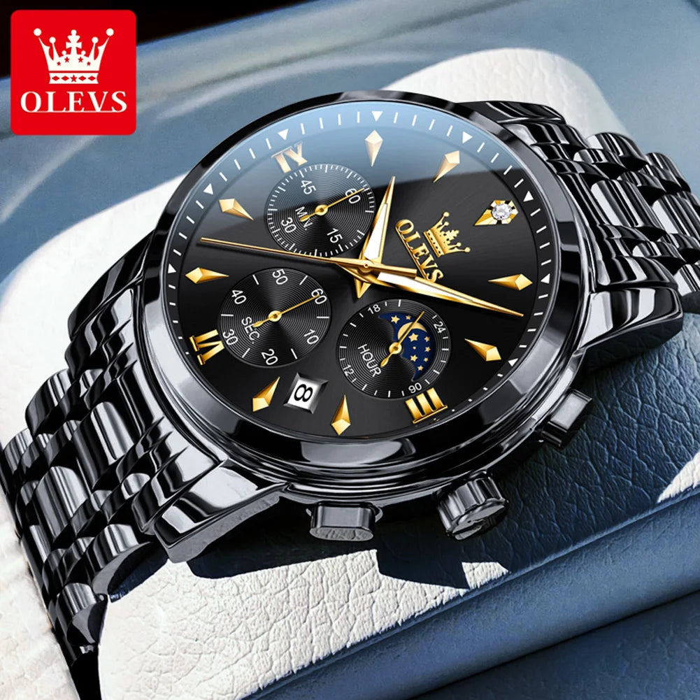 OLEVS 3639 Moon Phase Quartz Watch For Men Fashion Chronograph Luxury Wristwatch Waterproof Luminous Date Business Man Watches