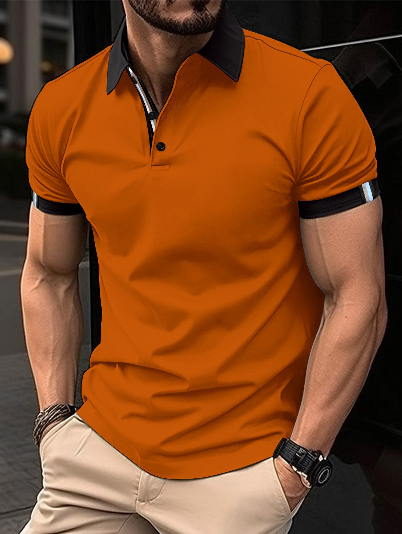 Botão casual masculino cor sólida manga curta