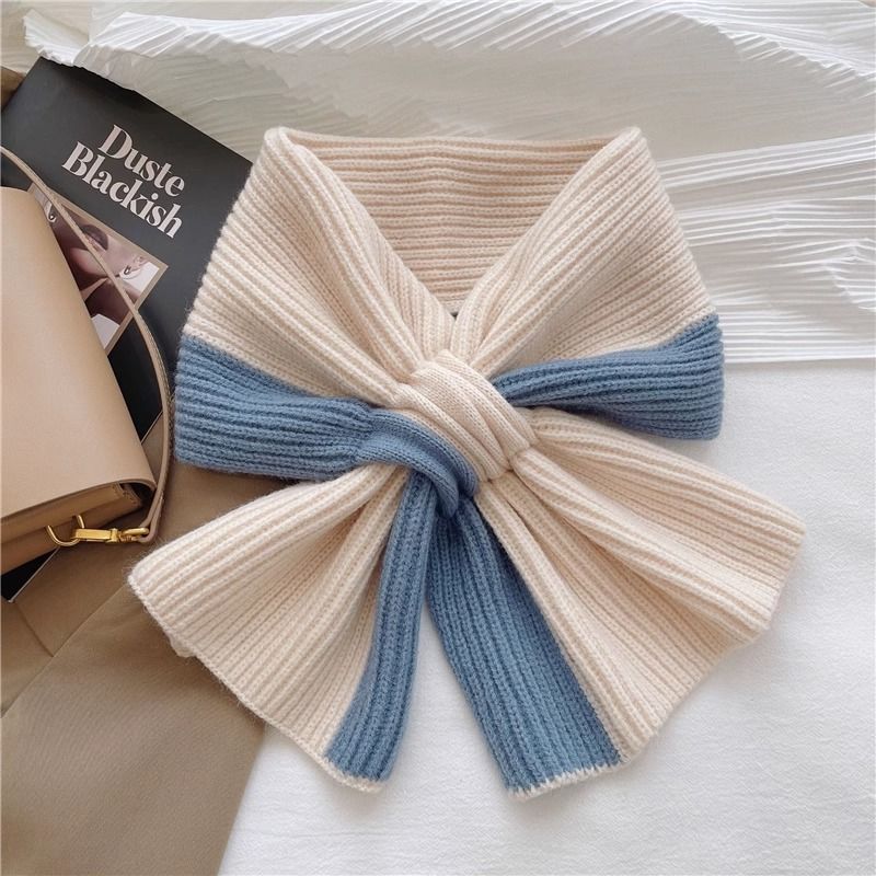 Cachecol de malha com blocos de cores doces para mulheres, cachecol de moda versátil e quente para meninas, outono e inverno