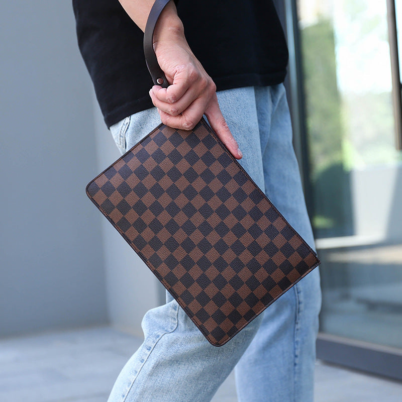 Clutch casual de negócios xadrez de pu macio masculino