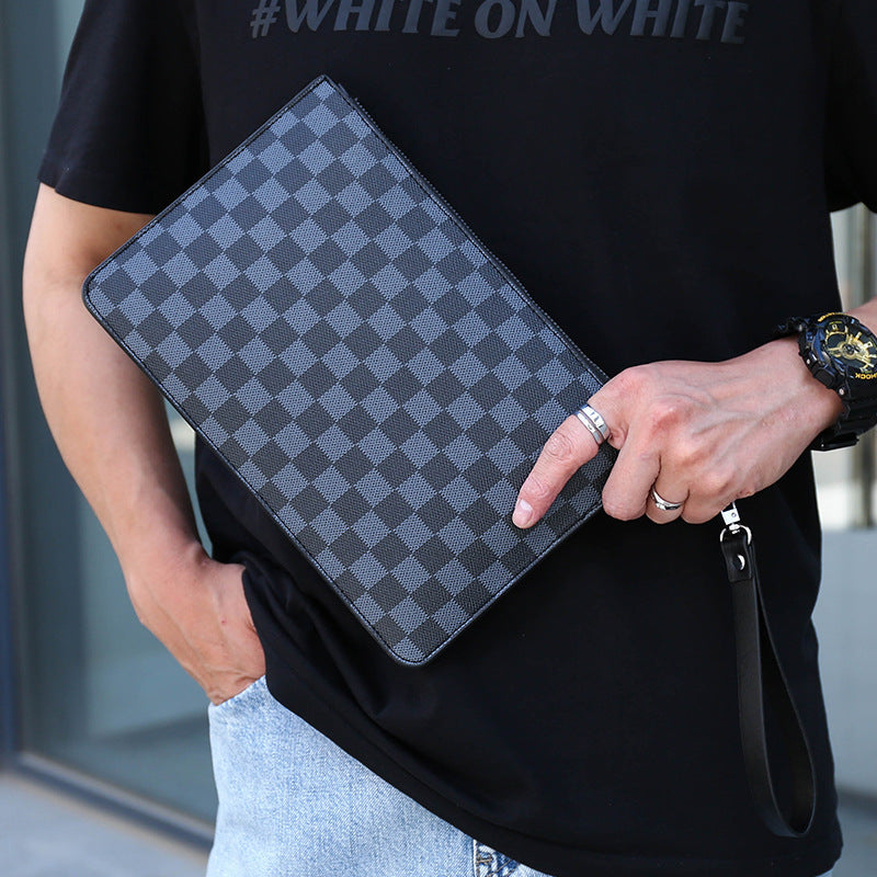 Clutch casual de negócios xadrez de pu macio masculino