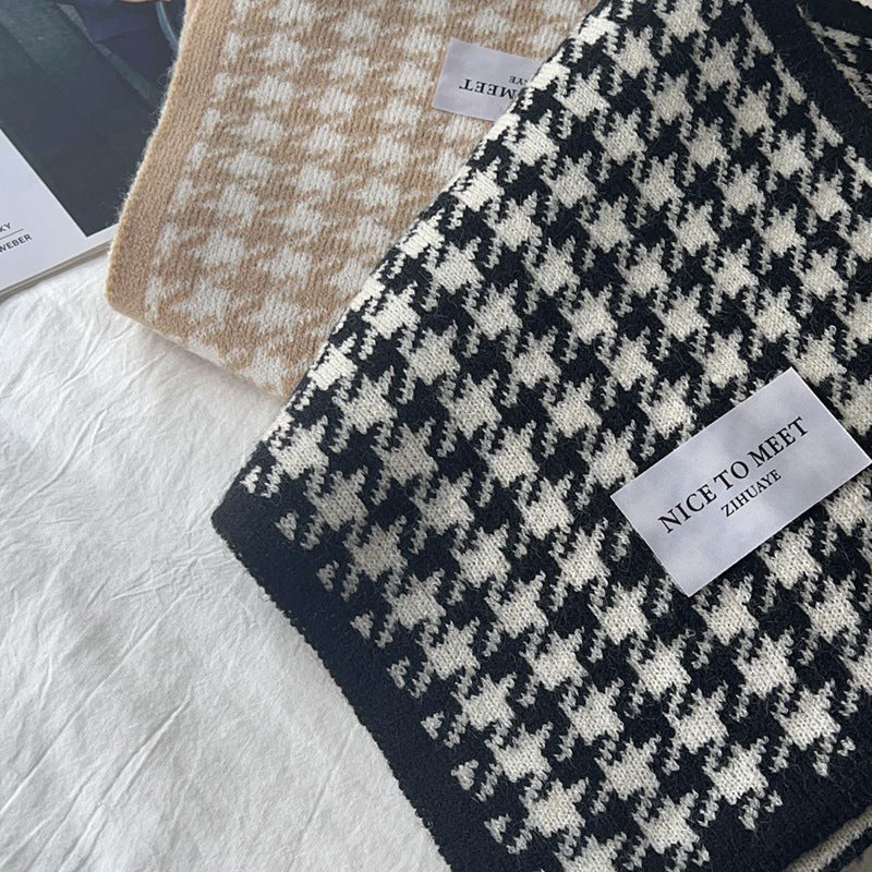Cachecol estampado com padrão pied-de-poule e ondas, estilo coreano, moda feminina, versátil, de malha, dupla face, quente, de lã