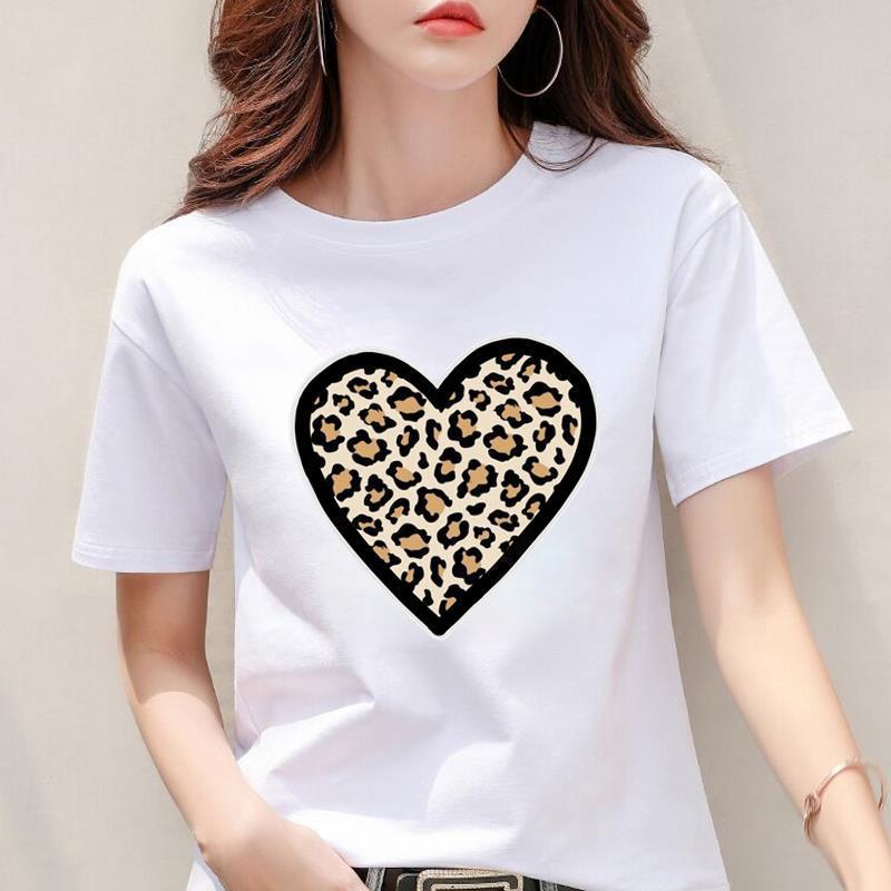 Tecido Modal Feminino Estampa de Leopardo Estampa de Coração Nova Manga Curta
