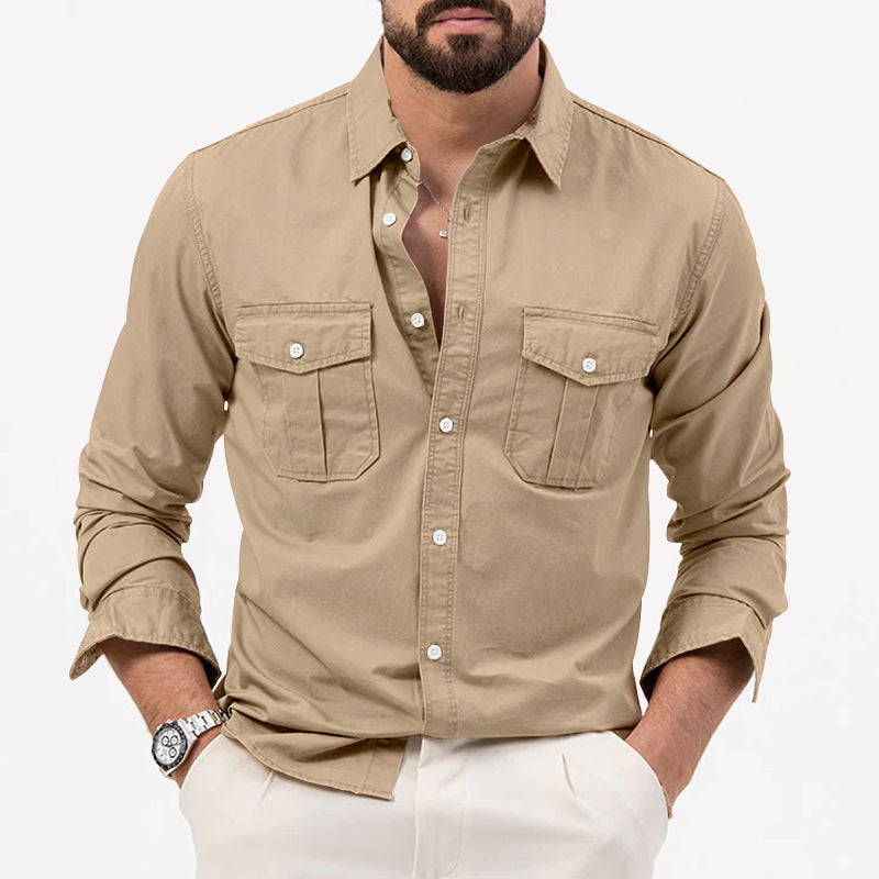 Camisa masculina multibolso cor sólida casual manga comprida top