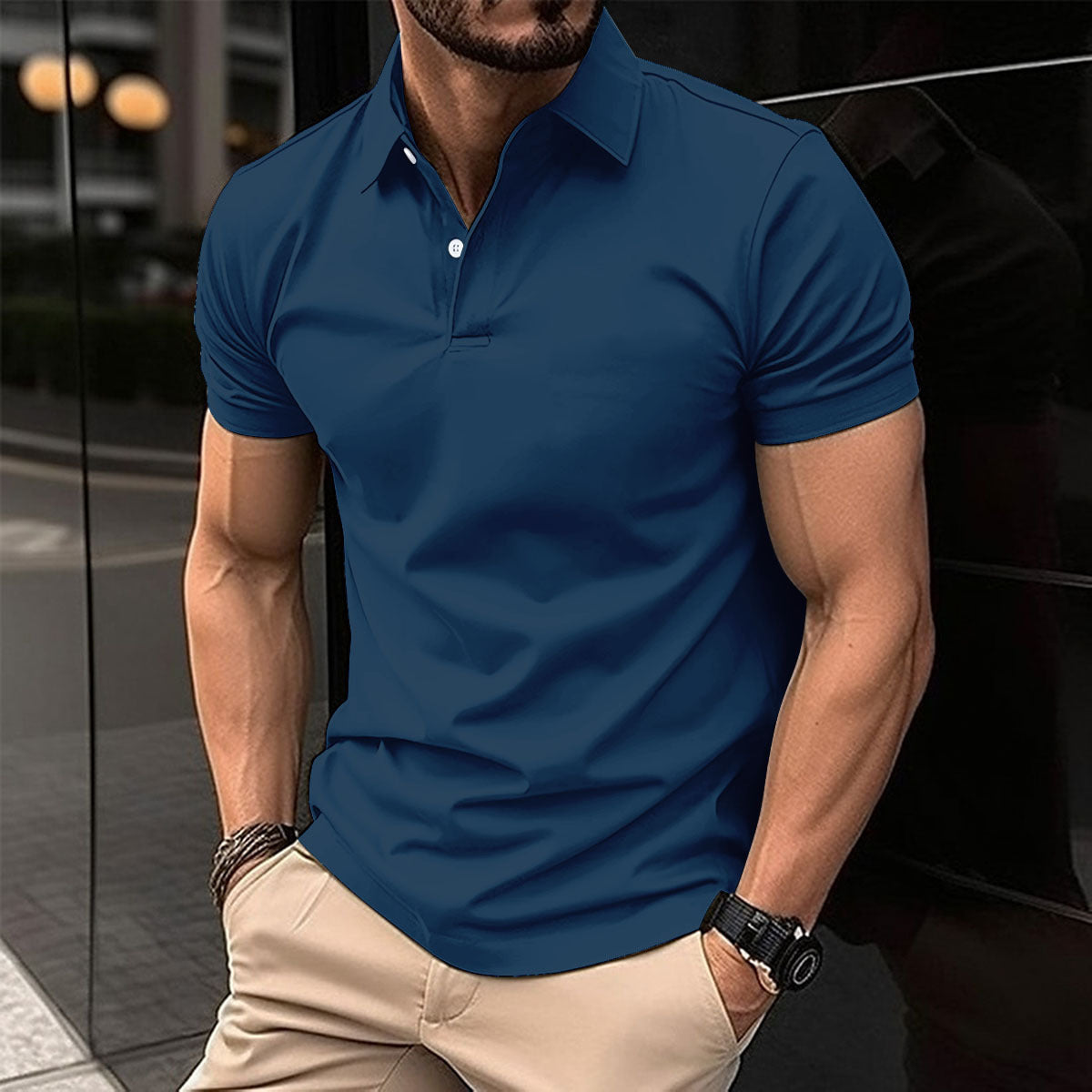 Camisa polo de manga curta de verão masculina cor sólida botão lapela botão top