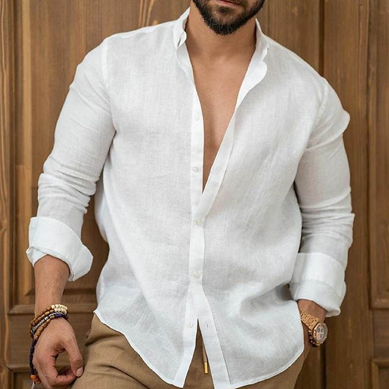 Amazon Camisa de Linho Masculina Botão Camisa Verão Praia Cor Sólida