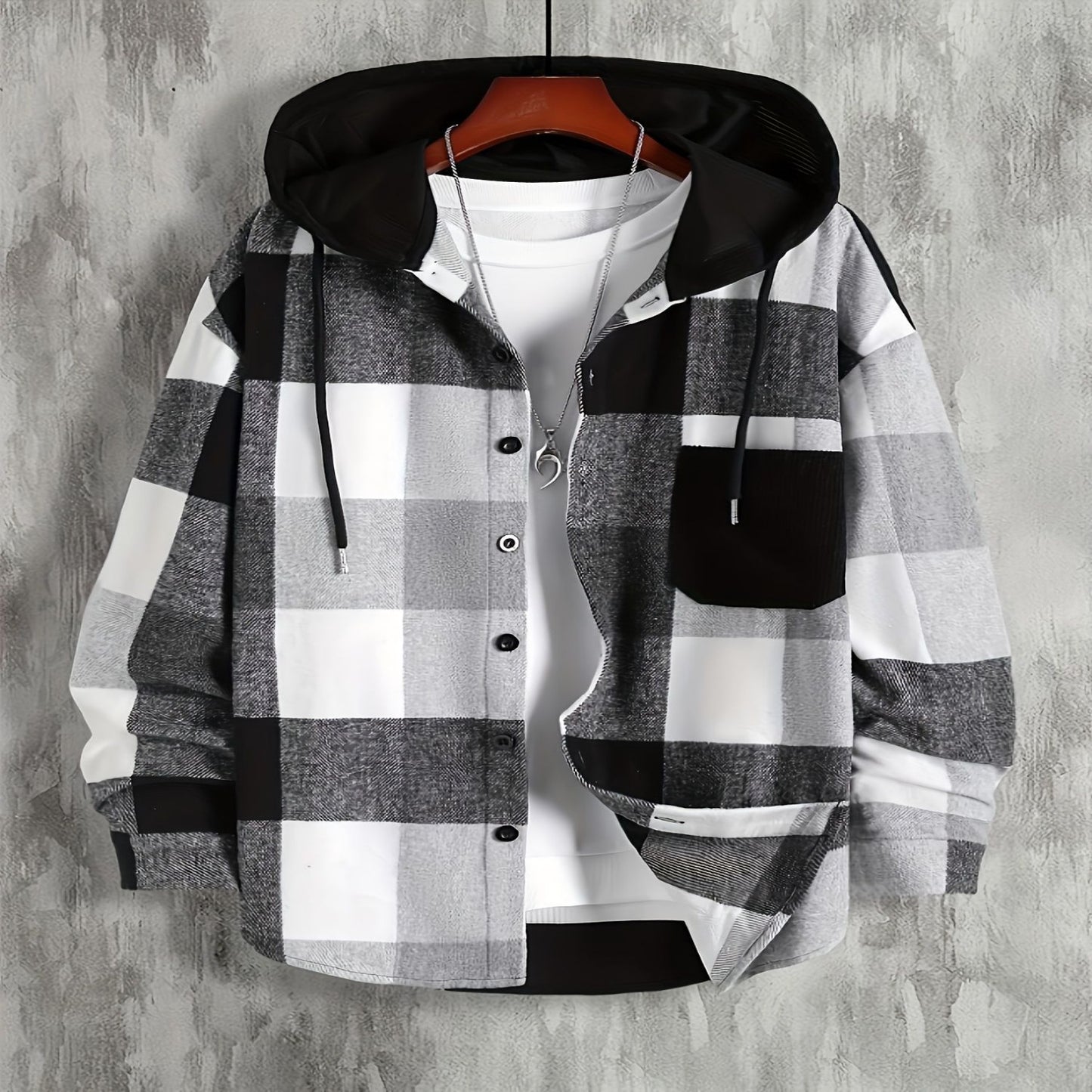 Camisa masculina de manga comprida com capuz e bolso xadrez com espessura externa