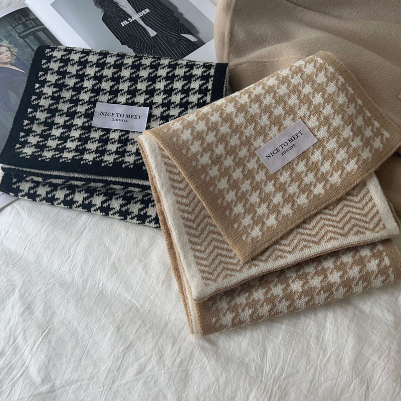 Cachecol estampado com padrão pied-de-poule e ondas, estilo coreano, moda feminina, versátil, de malha, dupla face, quente, de lã