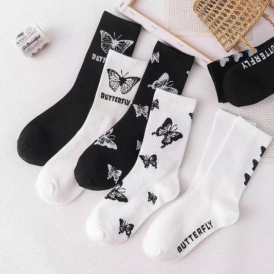 Calcetines tubo de mujer con diseño de mariposas, estilo moderno, dibujos animados en blanco y negro