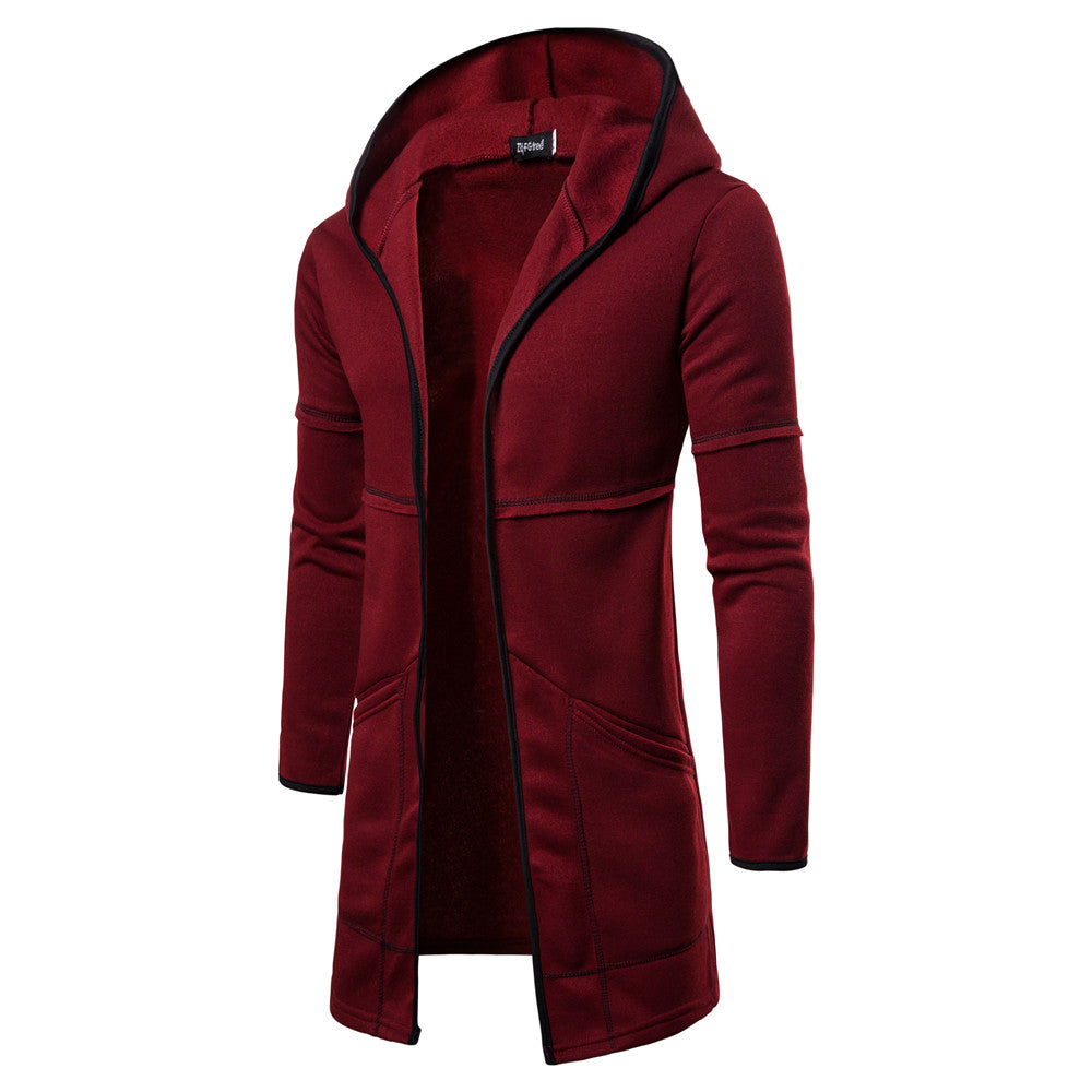 Cardigan masculino de manga comprida e comprimento médio com capuz, cor sólida, suéter masculino juvenil