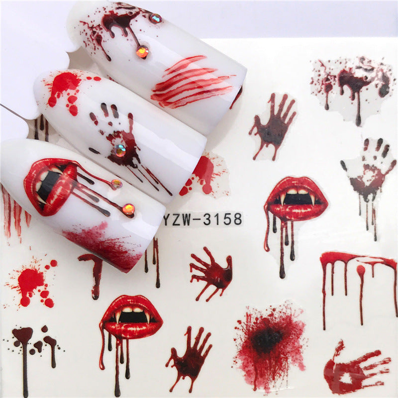 Adesivo de unha de Halloween de terror, folha de bordo, cavalo-marinho, adesivo de água para unha