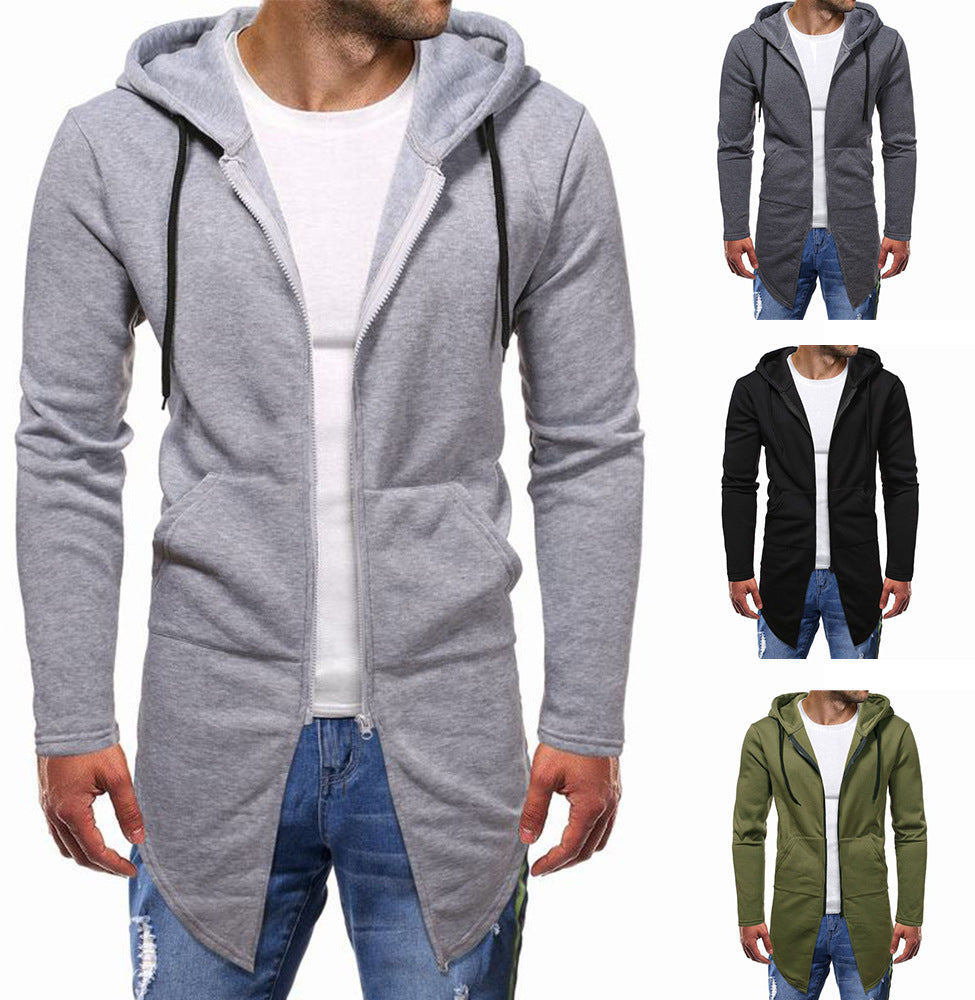 Cor sólida comprimento médio tamanho grande suéter masculino com capuz casual zíper cardigan