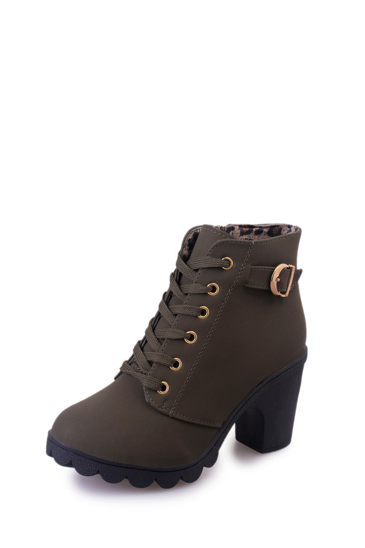 Novas botas femininas casuais de salto alto e salto grosso
