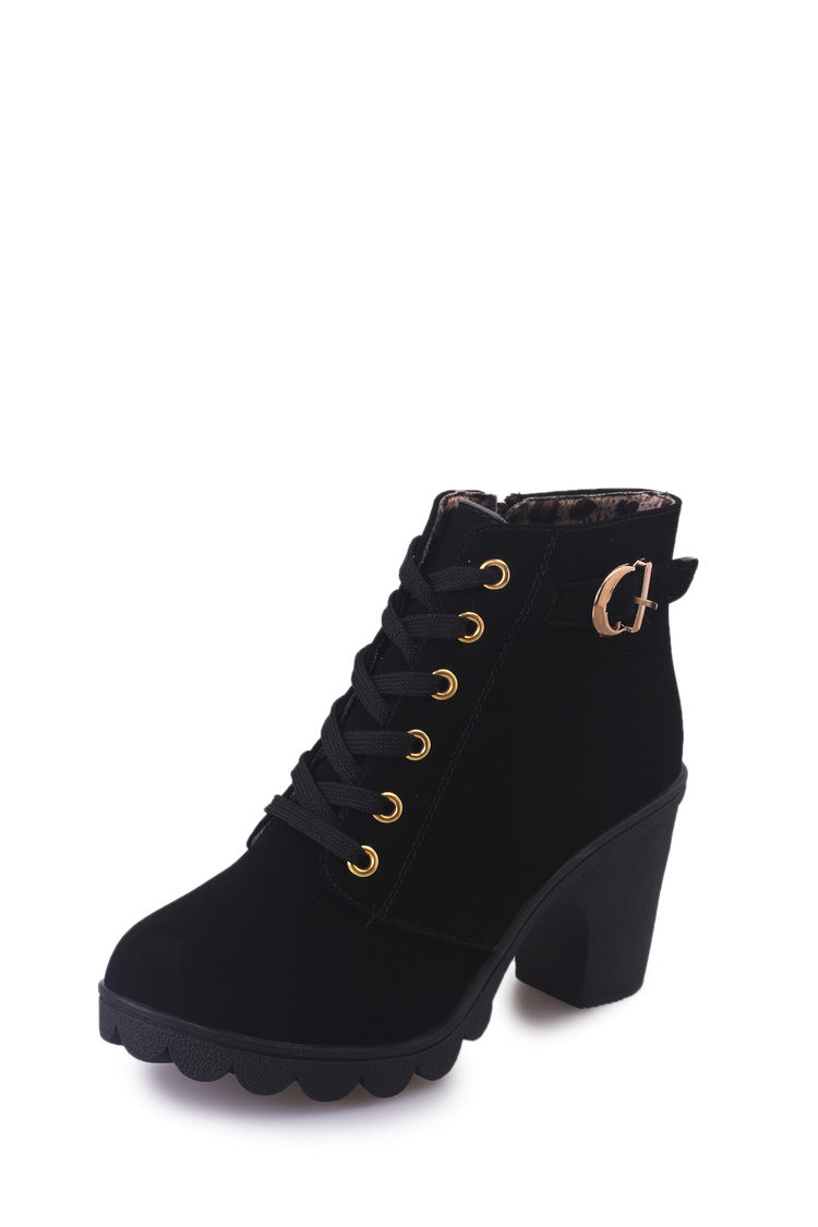 Novas botas femininas casuais de salto alto e salto grosso