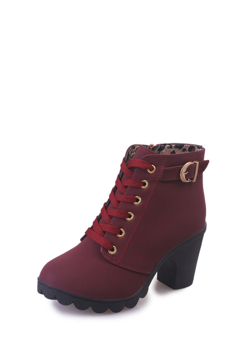 Novas botas femininas casuais de salto alto e salto grosso