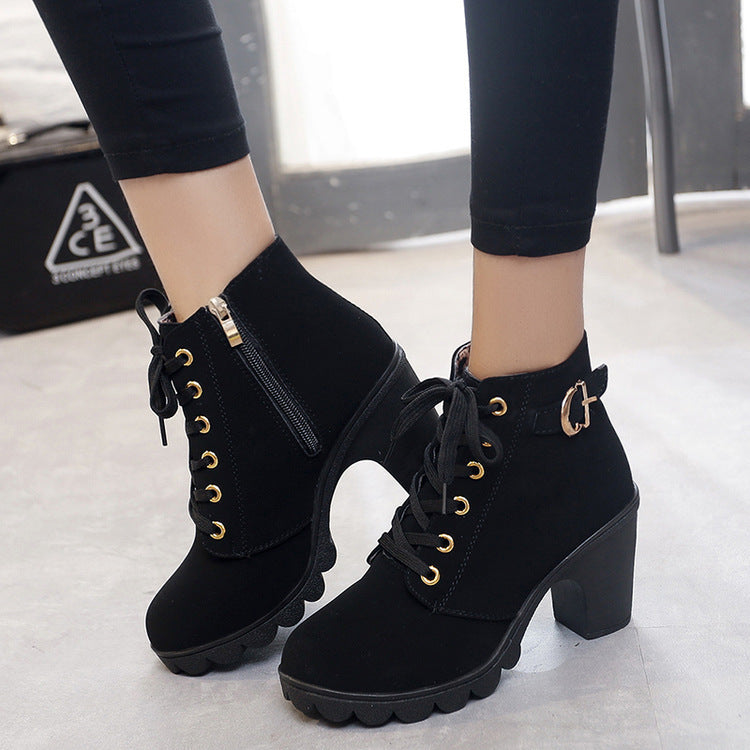 Novas botas femininas casuais de salto alto e salto grosso