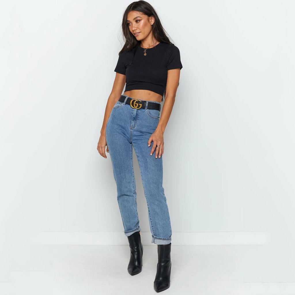 Moda primavera e verão All-Match Short Navel Camiseta de manga curta