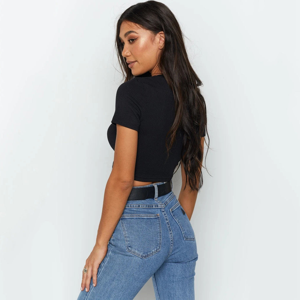Moda primavera e verão All-Match Short Navel Camiseta de manga curta