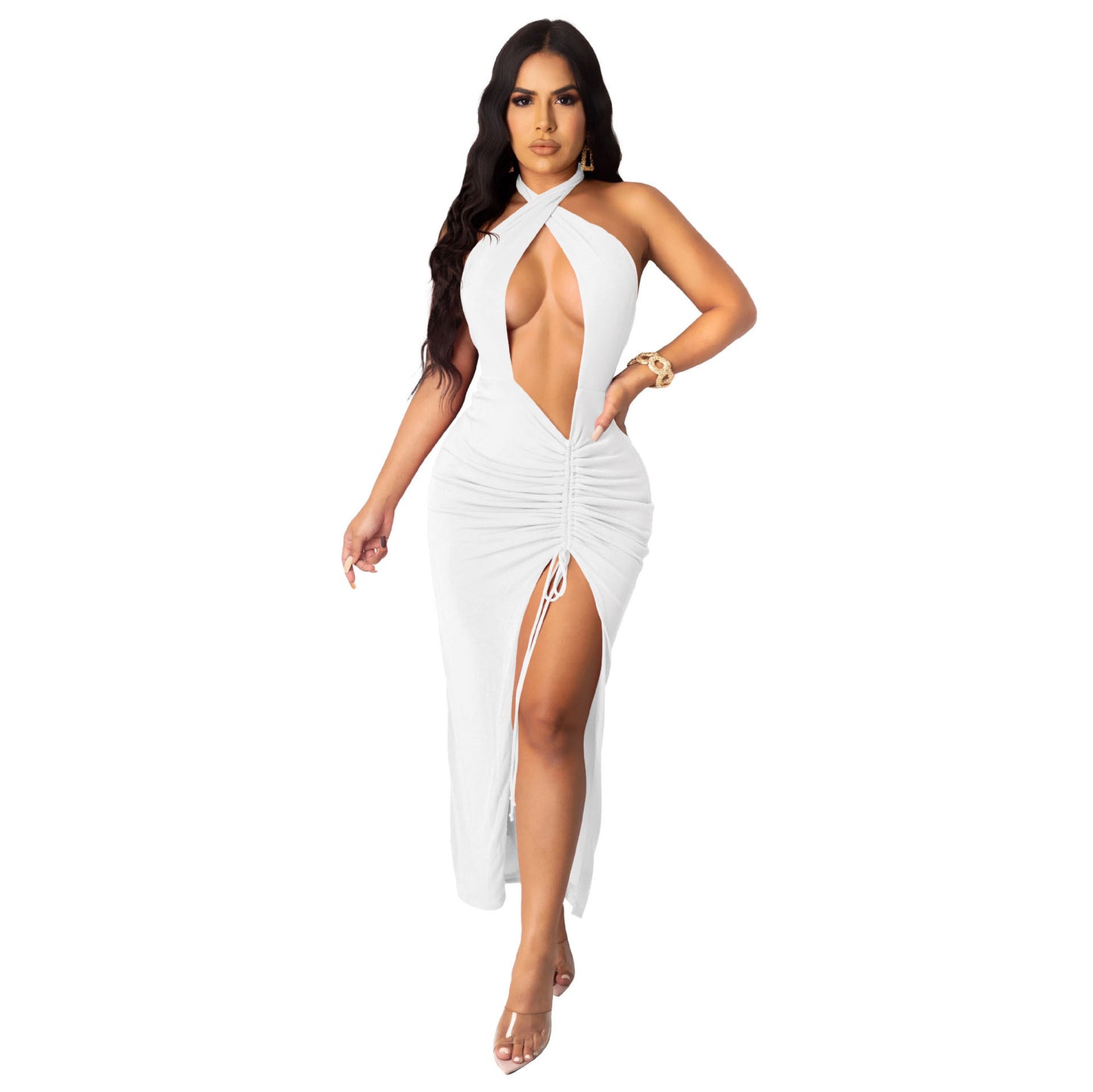 Vestido sexy slim plissado com fenda alta