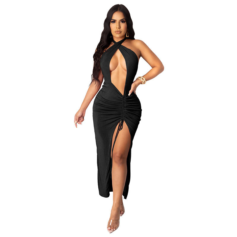 Vestido sexy slim plissado com fenda alta