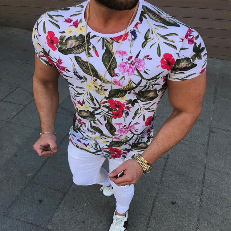 Top estampado gola redonda manga curta slim