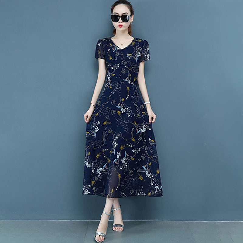 Taobao Edição Especial Produtos Floral Saia Longa, Vestido Feminino Plus Size, Magro e Gordo Mm, Vestido de Chiffon Estampado Boutique, Redução de Idade