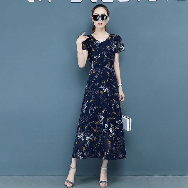 Taobao Edição Especial Produtos Floral Saia Longa, Vestido Feminino Plus Size, Magro e Gordo Mm, Vestido de Chiffon Estampado Boutique, Redução de Idade