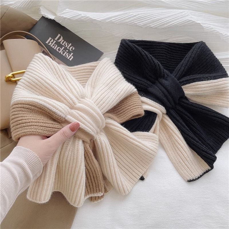 Cachecol de malha com blocos de cores doces para mulheres, cachecol de moda versátil e quente para meninas, outono e inverno