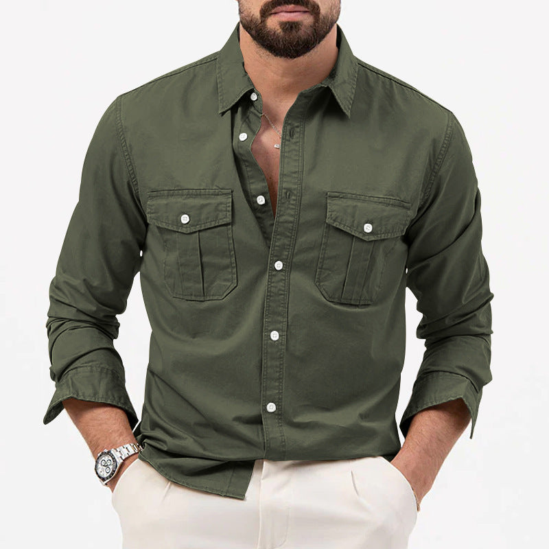 Camisa masculina multibolso cor sólida casual manga comprida top