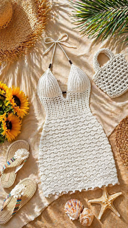 Strapless V-neck knit dress with cut-out details and wooden bead accents. Slim fit, gradient style, perfect for vacation.