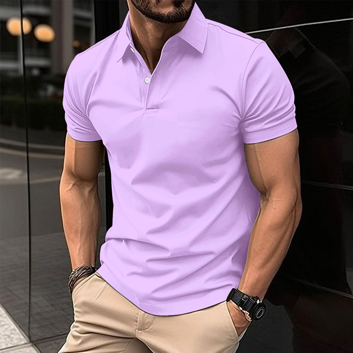Camisa polo de manga curta de verão masculina cor sólida botão lapela botão top