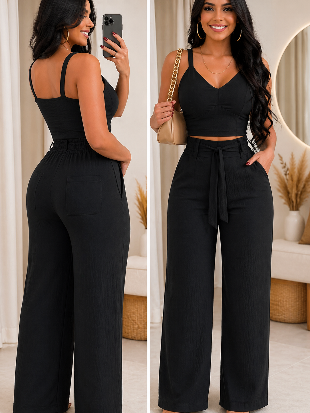 Elegant 2-piece set with a V-neck crop top and lace-up wide-leg pants — modern, flattering, and effortlessly chic.