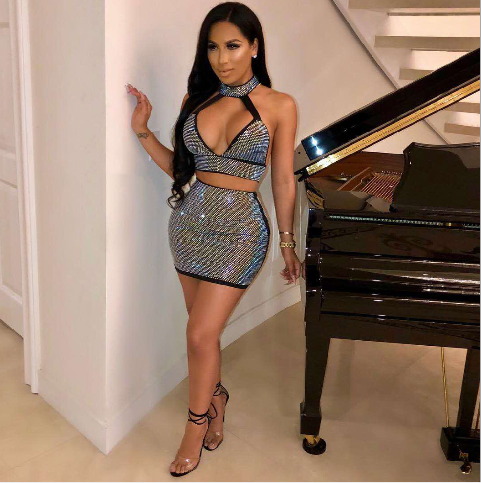 Vestido feminino diamantes conjunto de duas peças