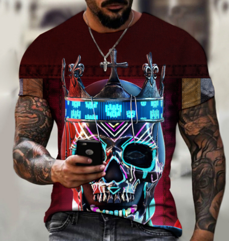 Crânio 3D Impressão Masculina Manga Curta Bonito Masculino Casual