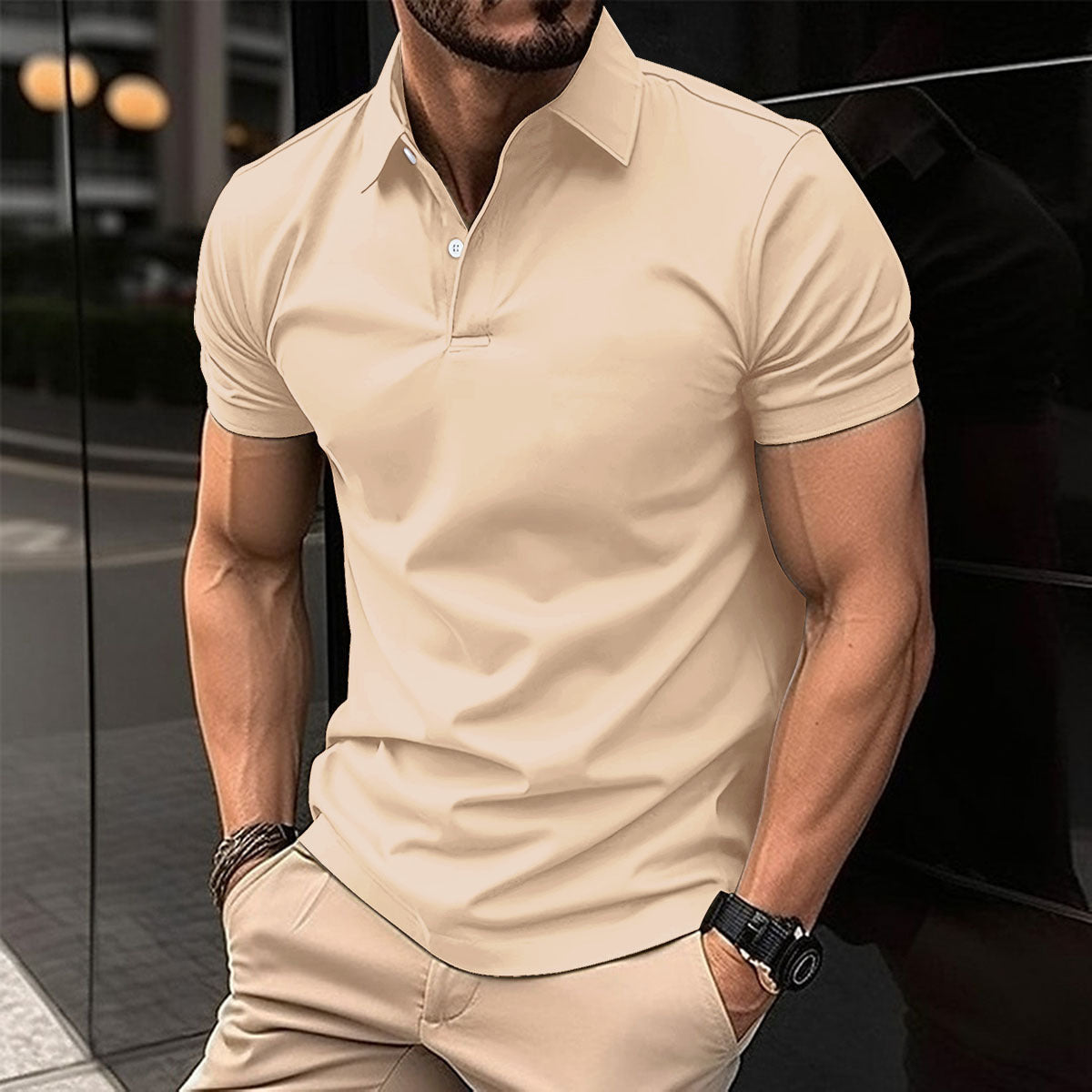 Camisa polo de manga curta de verão masculina cor sólida botão lapela botão top