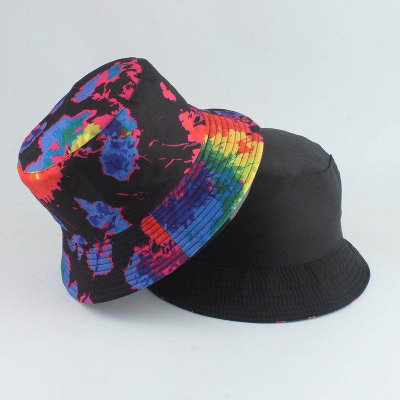 Novo estilo impresso dupla face chapéu de pescador cor tie-dye hip-hop casual flat top chapéu de bacia