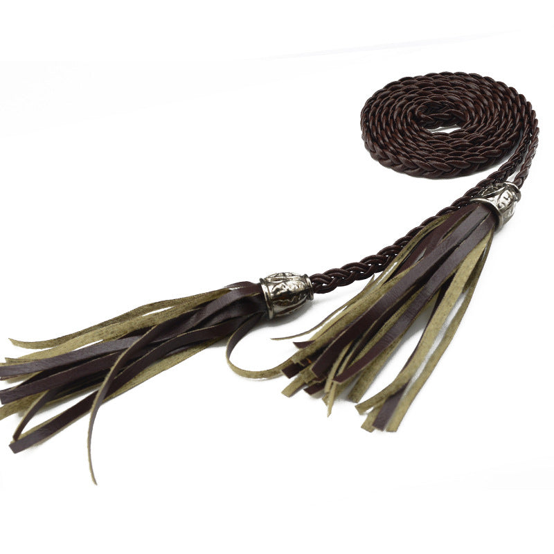 Cinto feminino trançado com borla decorativa na cintura