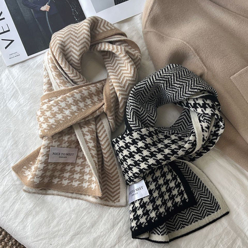 Cachecol estampado com padrão pied-de-poule e ondas, estilo coreano, moda feminina, versátil, de malha, dupla face, quente, de lã