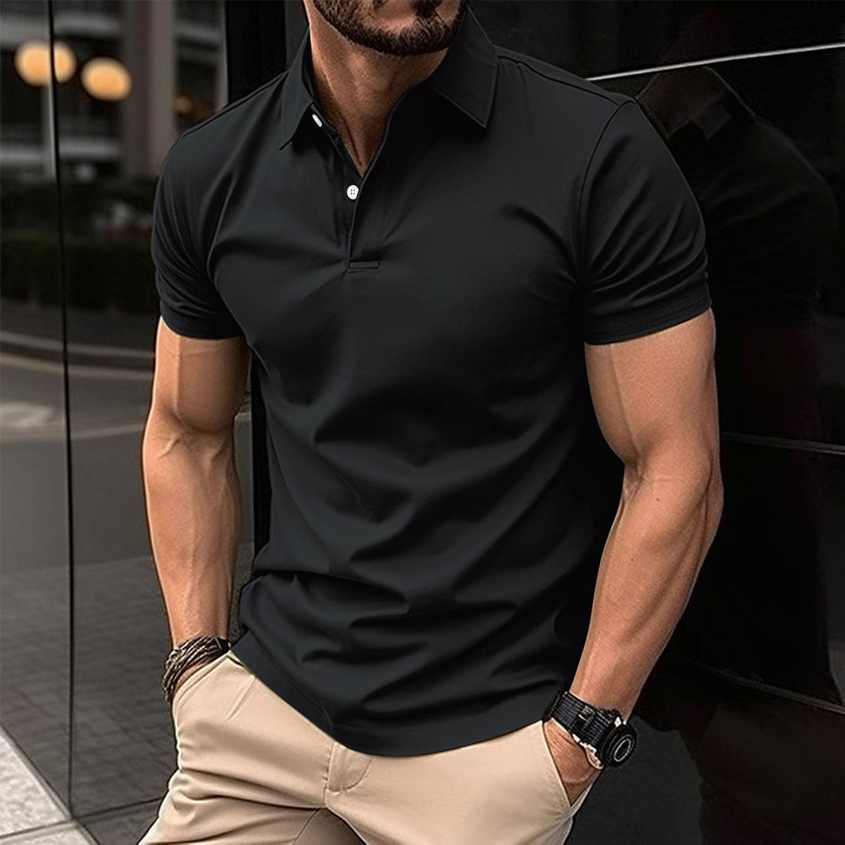 Camisa polo de manga curta de verão masculina cor sólida botão lapela botão top