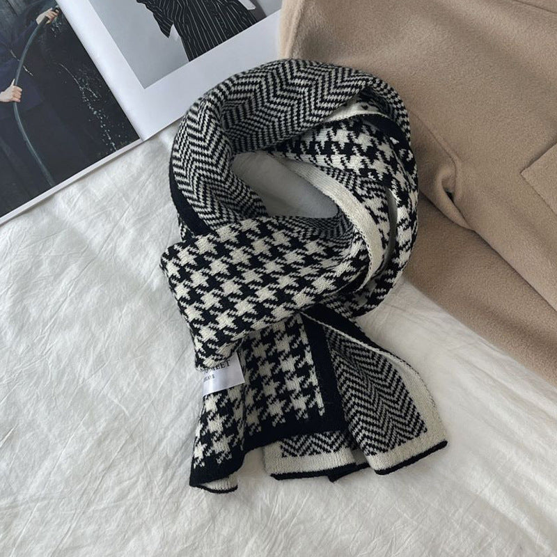 Cachecol estampado com padrão pied-de-poule e ondas, estilo coreano, moda feminina, versátil, de malha, dupla face, quente, de lã