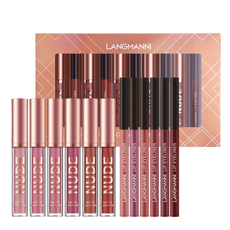 Delineador de lábios e batom, conjunto de 12 peças, 6 batons matte, 6 canetas delineadoras de lábios, à prova d'água, batom matte de longa duração, cosméticos de beleza, maquiagem, presente para meninas, conjunto de batons